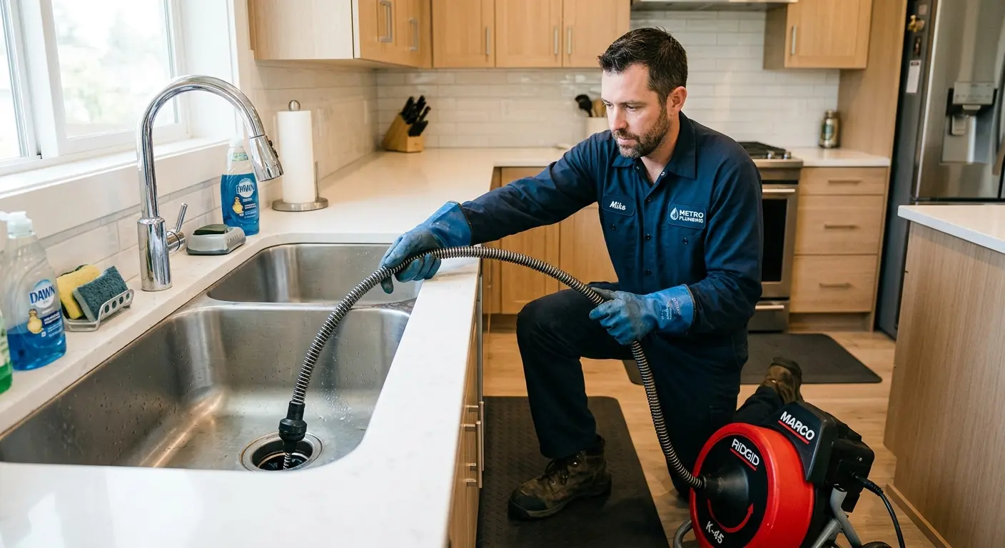 Drain cleaning technician using a motorized snake on a kitchen sink in Key West