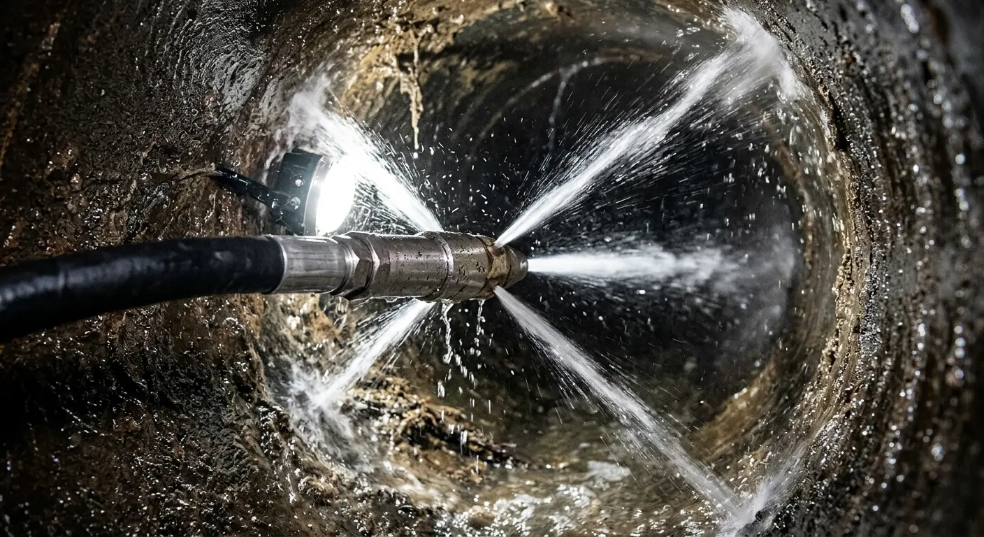 High-pressure hydro jetting nozzle cleaning sewer pipe for Sewer Cleanout in Key West