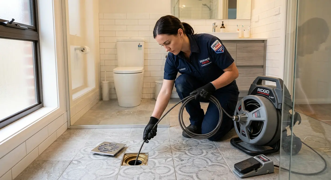 Technician clearing a bathroom floor drain for Drain Cleaning in Key West